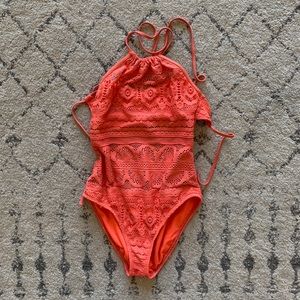 Nordstrom Pink Crochet Halter One Piece Swimsuit